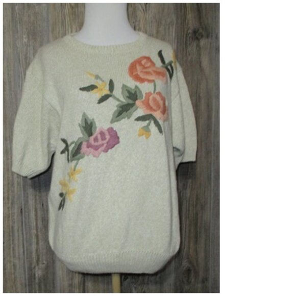 Womans Alfred Dunner Beige Short Sleeve Sweater Floral Sz Large fall fairy boho - Picture 1 of 13